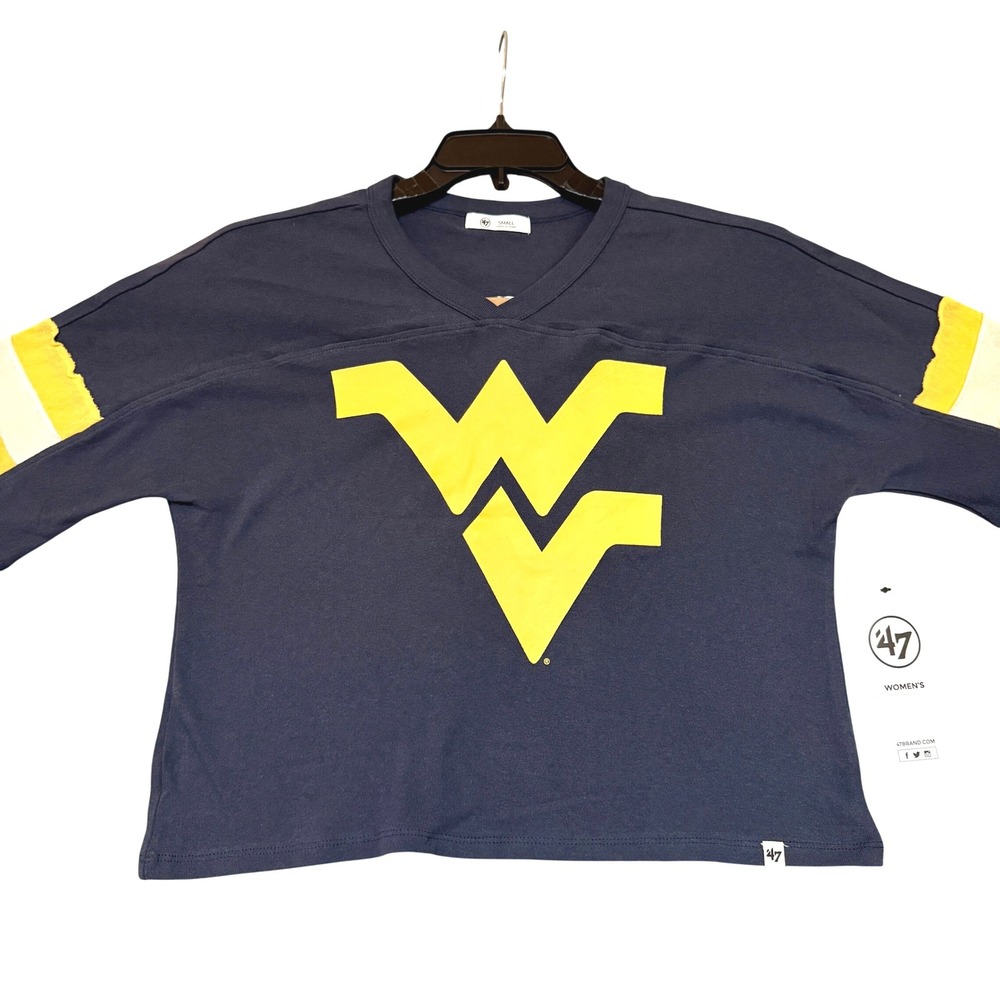 West Virginia Mountaineers '47 Brand V-Neck Crop Tee Navy Gold WV Logo Small NWT